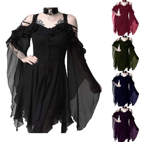 ersvoioy Womens Gothic Off Shoulder Midi Dress Cold Shoulder Ruffle Sleeve Button Down Asymmetrical Tunic Gown with Choker Detail Soft for Halloween Party Cosplay and Alternative Fashion Events