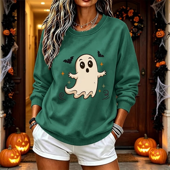 ersvoioy Womens Halloween Sweatshirt 2026 Cute Fall Oversized Crewneck Ghost Graphic Spooky Long Sleeve Funny Pullover Tops