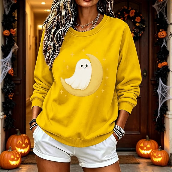 ersvoioy Womens Halloween Sweatshirt 2026 Cute Fall Oversized Crewneck Ghost Graphic Spooky Long Sleeve Funny Pullover Tops