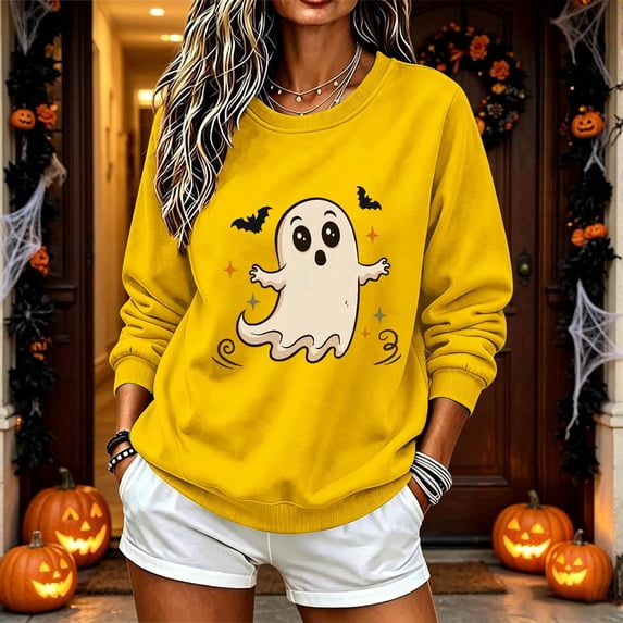 ersvoioy Womens Halloween Sweatshirt 2026 Cute Fall Oversized Crewneck Ghost Graphic Spooky Long Sleeve Funny Pullover Tops