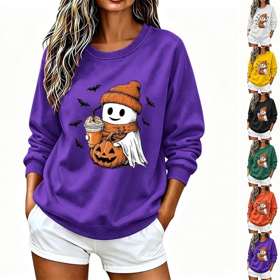 ersvoioy Womens Halloween Sweatshirt 2026 Cute Fall Oversized Crewneck Ghost Pumpkin Graphic Spooky Long Sleeve Funny Pullover Tops