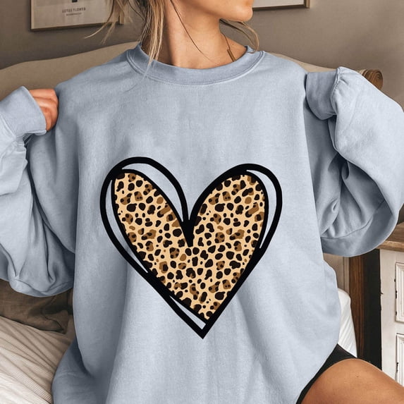 ersvoioy Womens Leopard Heart Print Sweatshirt Round Neck Loose Fit Long Sleeve Hoodless for Fall Gray XXL