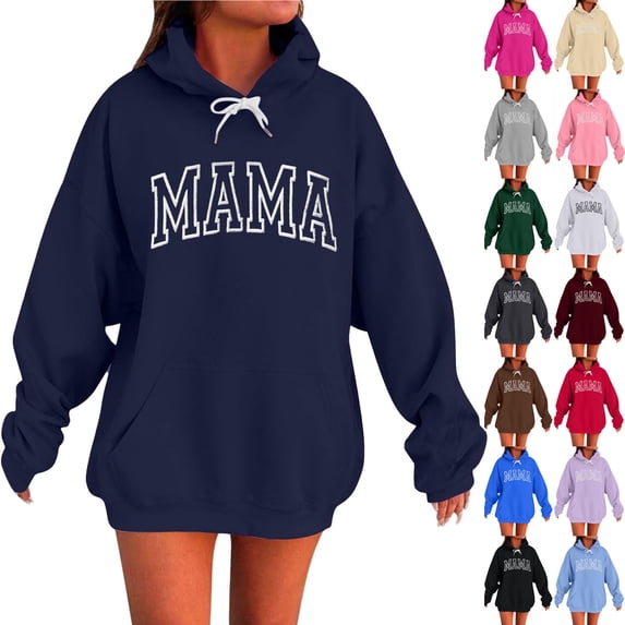 ersvoioy Womens MAMA Letter Long Hoodie Pocket Long Sleeve Loose Fit for Fall Navy XXL