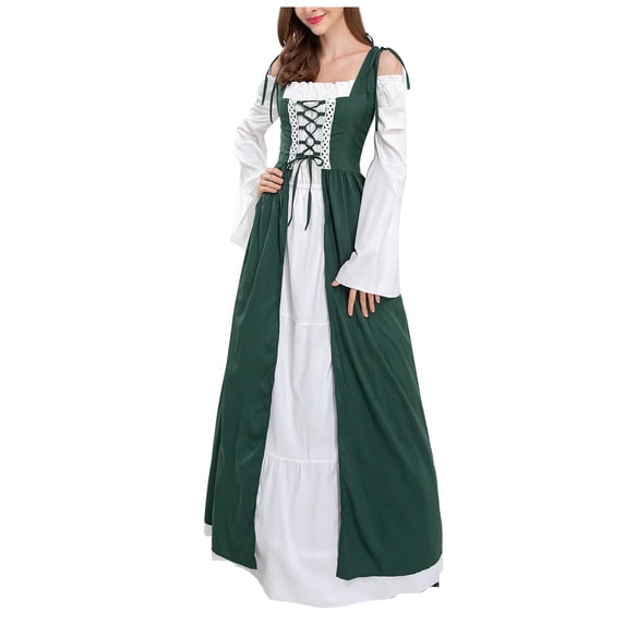 ersvoioy Womens Medieval Renaissance Costume Dress Cold Shoulder Lace Up Corset Bell Sleeve A Line Long Gown Soft Fabric for Halloween Cosplay and Vintage Themed Events Green M