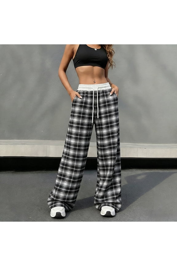 Womens Plaid Checkered Pants Flannel Pajama Pants Lounge Wide Leg Baggy Sweatpants with Pockets Black S