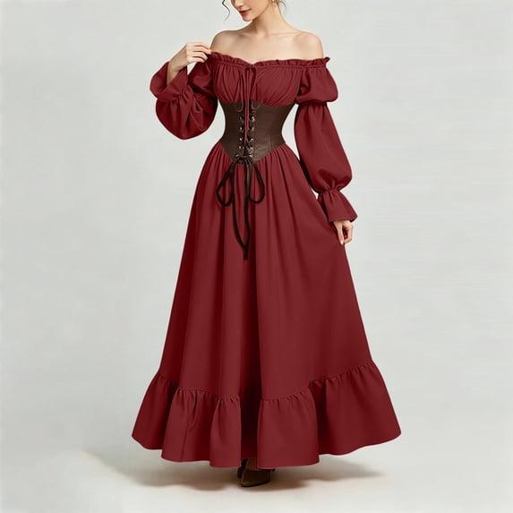 ersvoioy Womens Renaissance Corset Dress Off Shoulder Puff Sleeve Lace Up Fit and Flare Ruffle Maxi Gown Soft Fabric for Halloween Costume Party Masquerade Wedding and Vacation Events Wine XL
