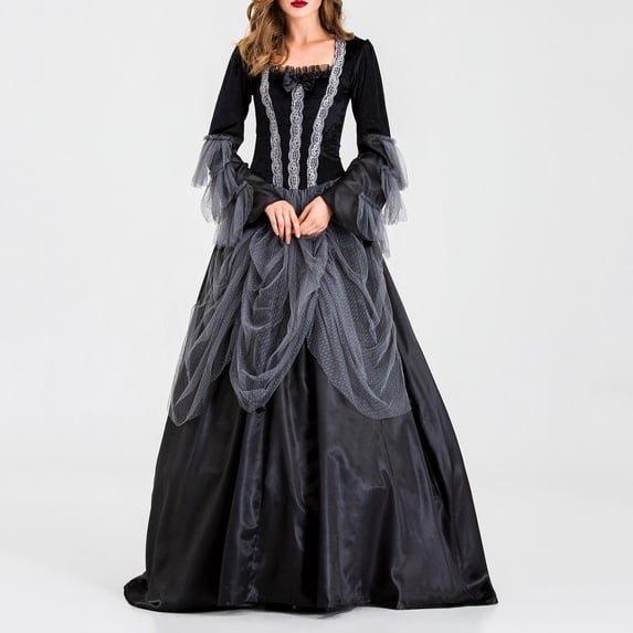 ersvoioy Womens Renaissance Queen Costume Dress Square Neck Long Sleeve Lace Trim Corset Ball Gown with Sheer Mesh Draped Skirt Soft Fabric for Halloween Stage Party Masquerade and Medieval Events