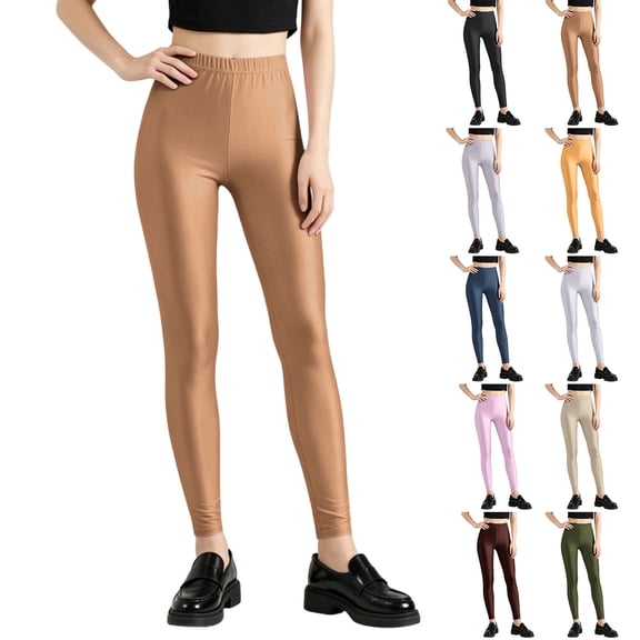 ersvoioy Womens Shiny Milk Silk Leggings Stretchy Tummy Control Casual Workout Pants Smooth Compression Bottoms Khaki Free Size