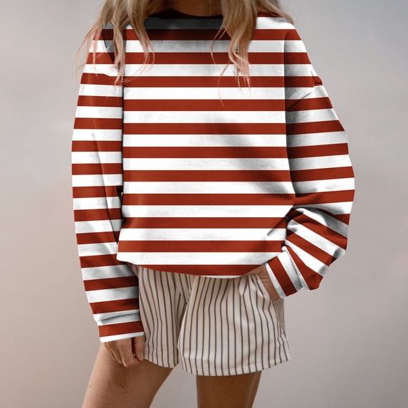 ersvoioy Womens Striped Hoodless Sweatshirt Crewneck Loose Fit Long Sleeve Pullover Top for Fall Red M