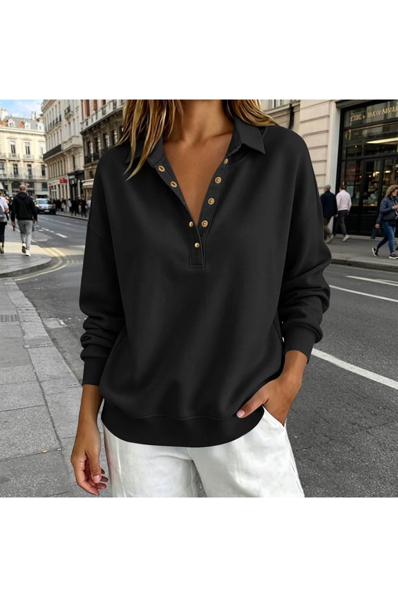 Womens Turtleneck Sweatshirt Loose Fit Button Front Long Sleeve Snap Button Pullover Top for Fall Winter Black XXL