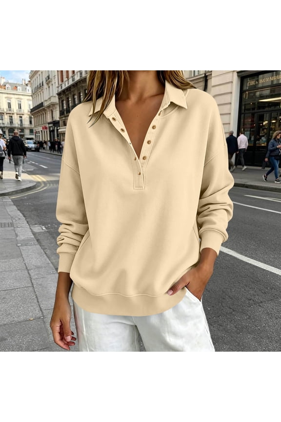 Womens Turtleneck Sweatshirt Loose Fit Button Front Long Sleeve Snap Button Pullover Top for Fall Winter Khaki S