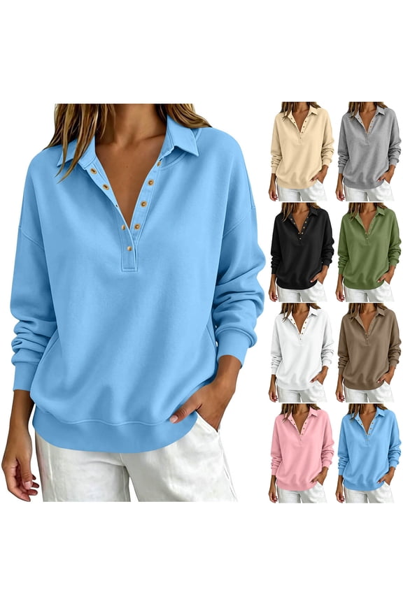 Womens Turtleneck Sweatshirt Loose Fit Button Front Long Sleeve Snap Button Pullover Top for Fall Winter Navy S
