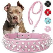esafio Dog Collar with Leash,Durable Rivet PU Leather Dog Collars for Pit Bull, Spiked Studded for Small Medium Large Dog
