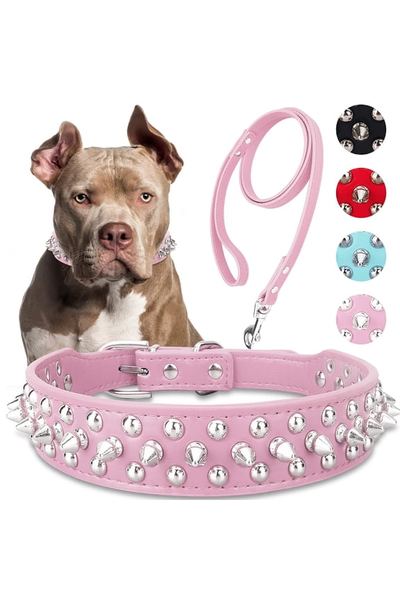 Dog Collar with Leash,Durable Rivet PU Leather Dog Collars for Pit Bull, Spiked Studded for Small Medium Large Dog