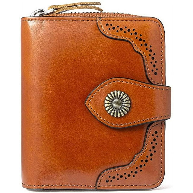 esafio Leather Wallets for Women RFID Blocking Zipper Pocket Small Bifold Wallet Card Case,Brown