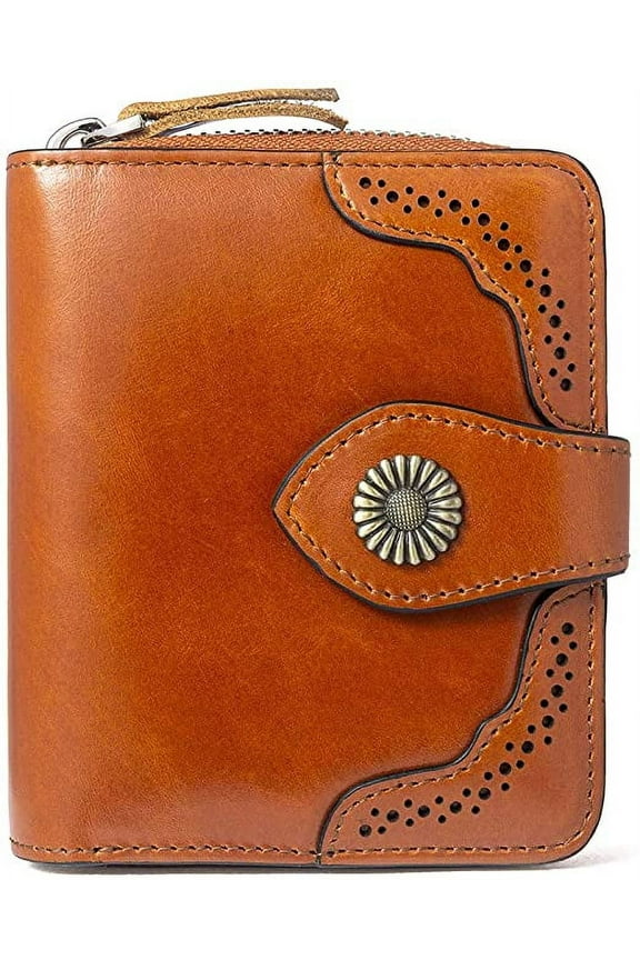 Leather Wallets for Women RFID Blocking Zipper Pocket Small Bifold Wallet Card Case,Brown
