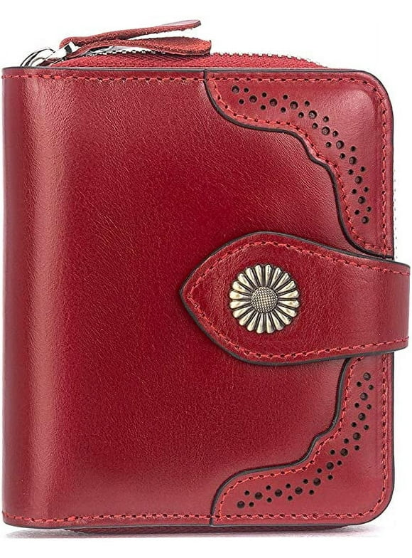 esafio Leather Wallets for Women RFID Blocking Zipper Pocket Small Bifold Wallet Card Case,Red