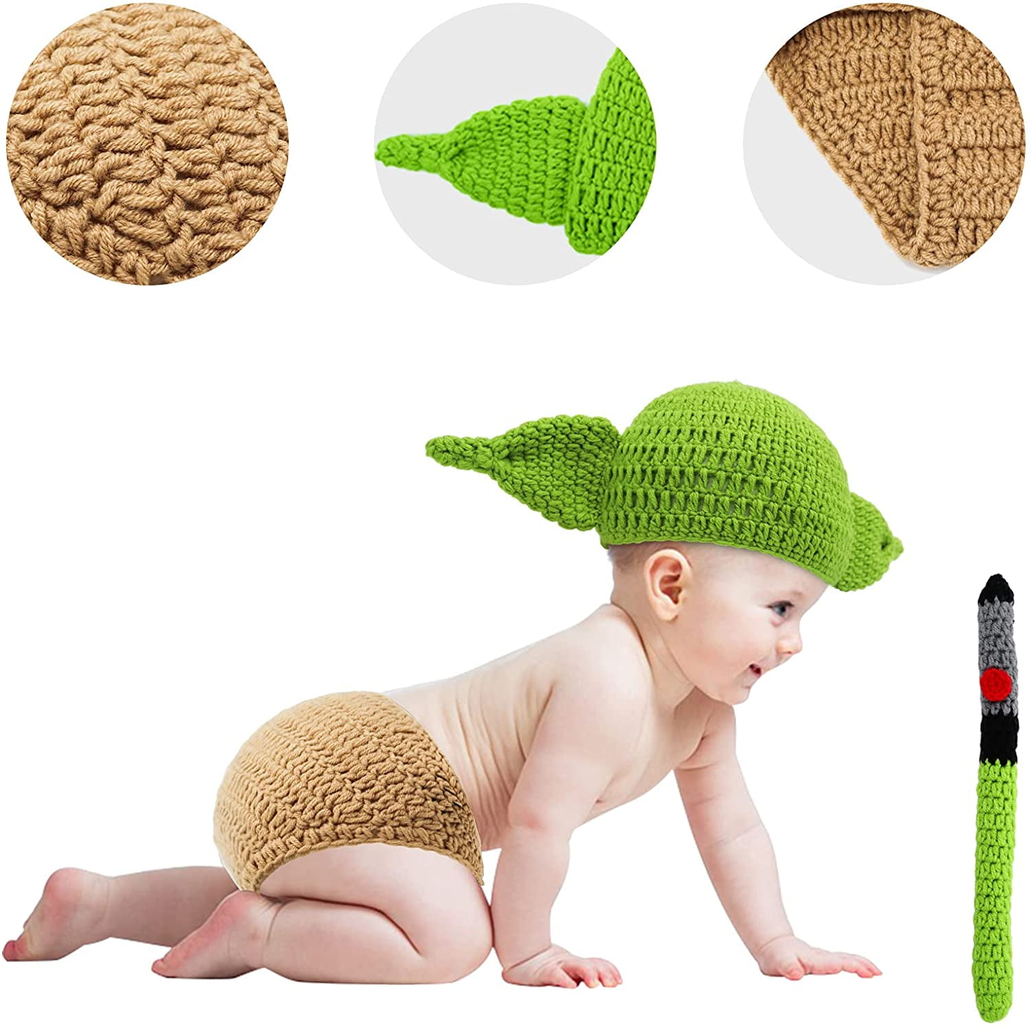 esafio Newborn Knitted Yoda Costume Infant Baby Photography Prop Crochet Knit Hat Diaper Costume Set Handmade Cap Outfits Hat for Baby Shower