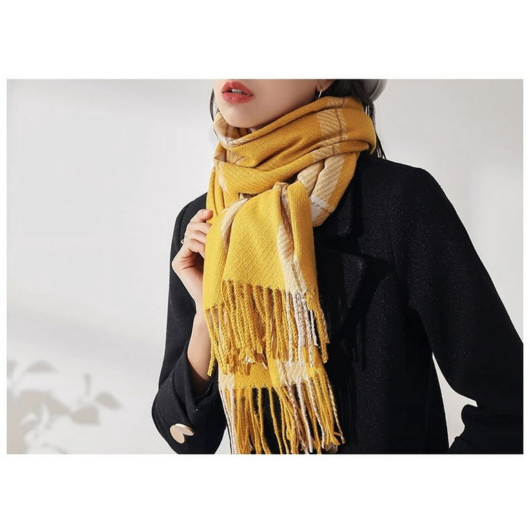 esafio Women s Fall Winter Scarf Classic Tassel Plaid Scarf Warm Soft Chunky Large Blanket Wrap Shawl Scarves Yellow