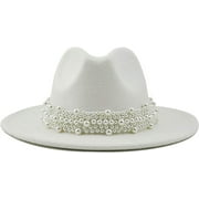 esafio Women's Vintage Pearl Band Fedora Hat Trendy Wide Brim Trilby Panama Hat,White