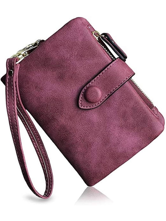 Womens Small Bifold Leather Wallets Rfid Ladies Wristlet with Card Slots Id Window Zipper Coin Purse,Black