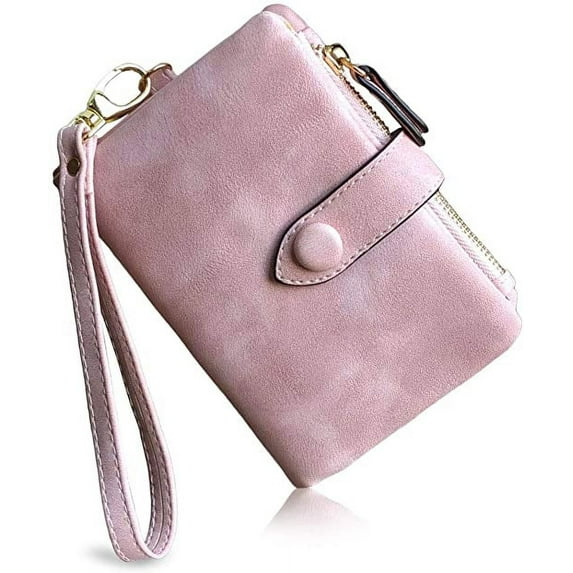 esafio Womens Small Bifold Leather Wallets Rfid Ladies Wristlet with Card Slots Id Window Zipper Coin Purse,Pink