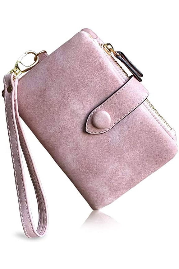 Womens Small Bifold Leather Wallets Rfid Ladies Wristlet with Card Slots Id Window Zipper Coin Purse,Pink