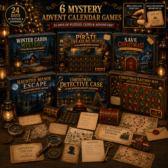 escape room advent calendar, 24-Day Mystery Adventure Christmas Countdown Game, 6 Themed Puzzle Stories with Daily Clues, Unique Holiday Gift for Puzzle Lovers