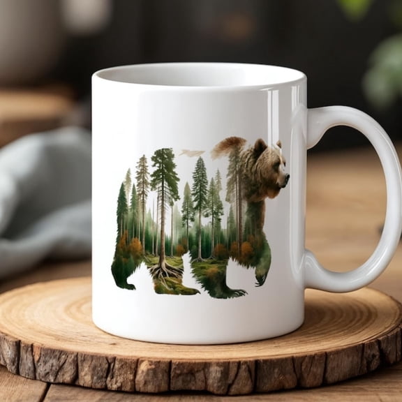 est Bear Mug Double Exposure Nature Coffee Cup Wild Lovers Outdoorsy Ceramic Mug Gift mpers & Hikers.