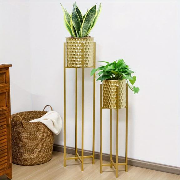 et of 2 Planters With Stand Indoor Outdoor Metal Gold Planters For Indoor Plants 30 &40 " Tall Morden Planters Flower Pots For Living Room Corner Kitchen Office Garden Balcony Patio Decor