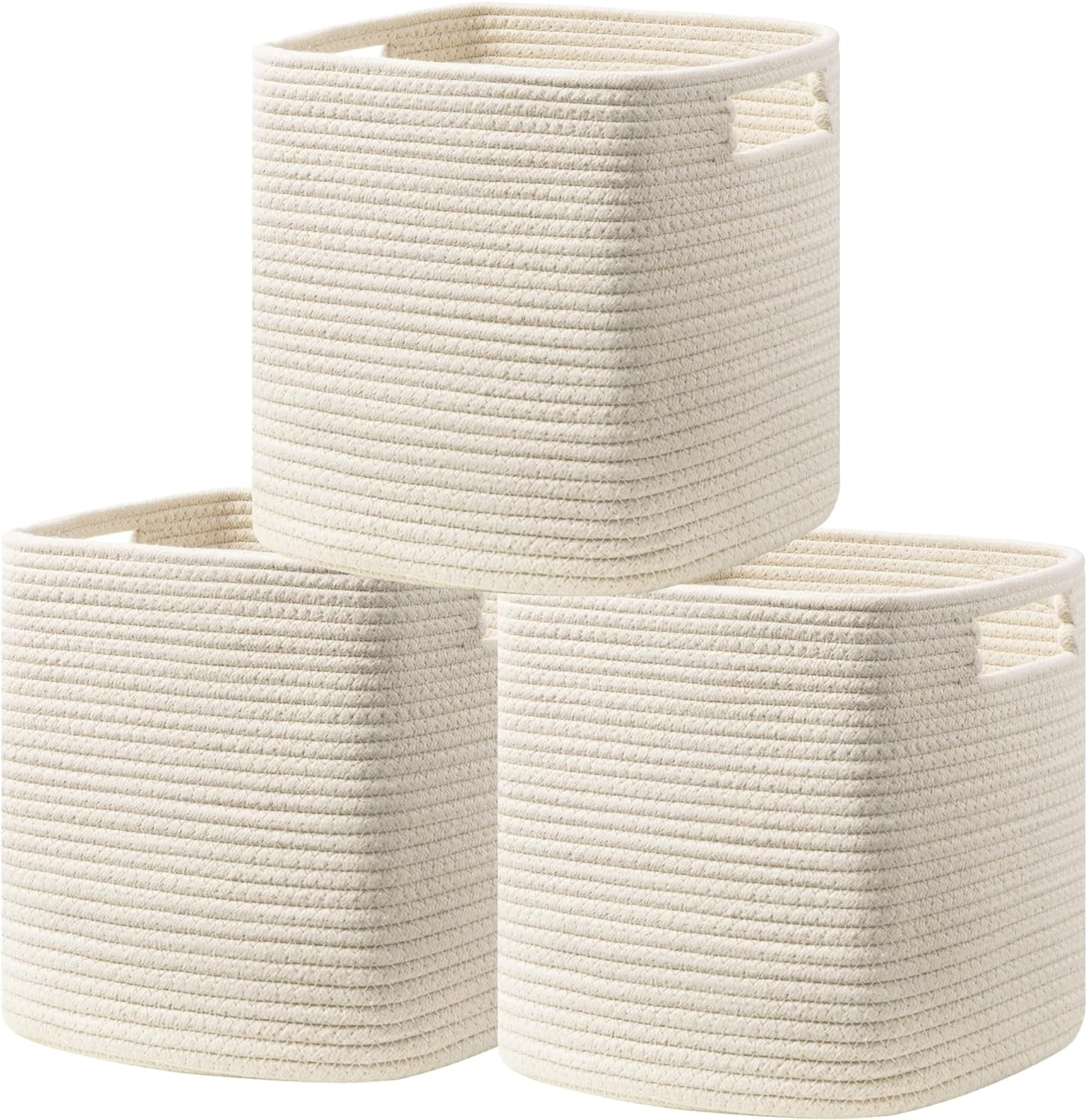 et of 3 Cotton Rope Basket 13 X 13 X 13 Inches, Woven Storage Baskets for Shelves, Organizing with Handles, Cube Storage Bins for Storage Books, Magazines, Beige