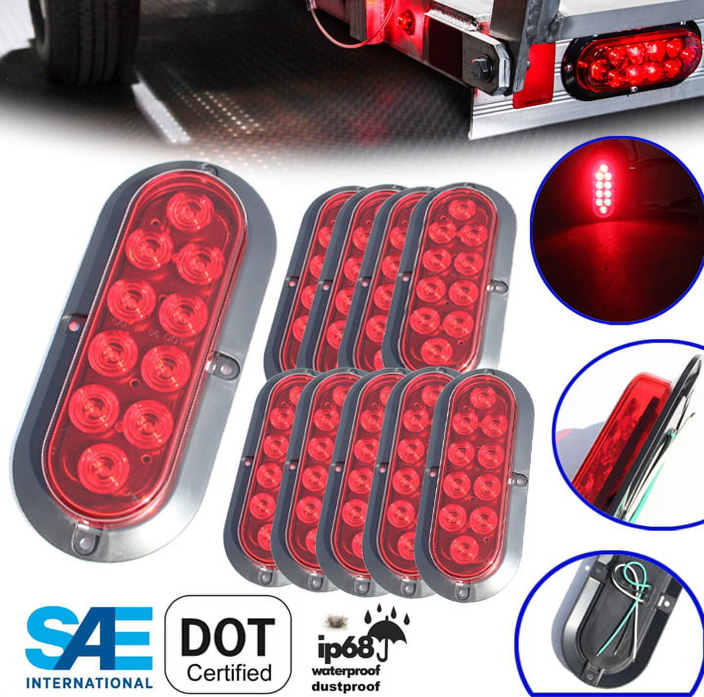 et of 10 Pcs LED 6" Surface Mount Oval Red Brake Stop Turn Tail Marker Signal Lights for Truck Trailer Tractor DOT SAE Approved - D