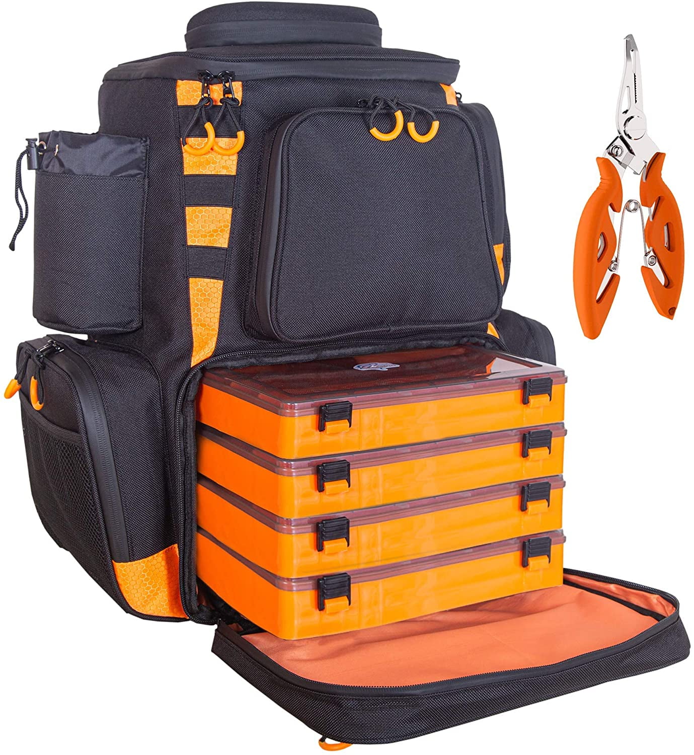 etacklepro Fishing Backpack Waterproof Tackle Bag with Protective Rain  Cover Includes 4 Tackle Boxes Stainless Steel Fishing Pliers and Lanyard -  Black Orange 