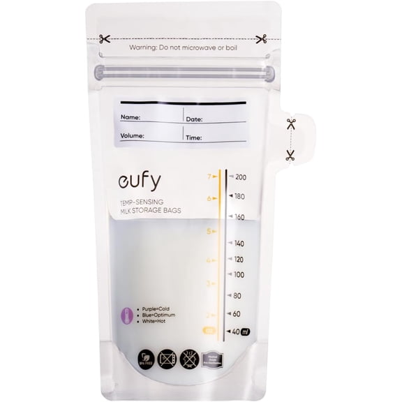eufy Breast Milk Storage Bag with Temperature Sensing Color Change, Milk Storing Bags for Breastfeeding, 7 oz Disposable Storage Bags, Leakproof Milk Freeze Storage Pouches (120 Pieces)