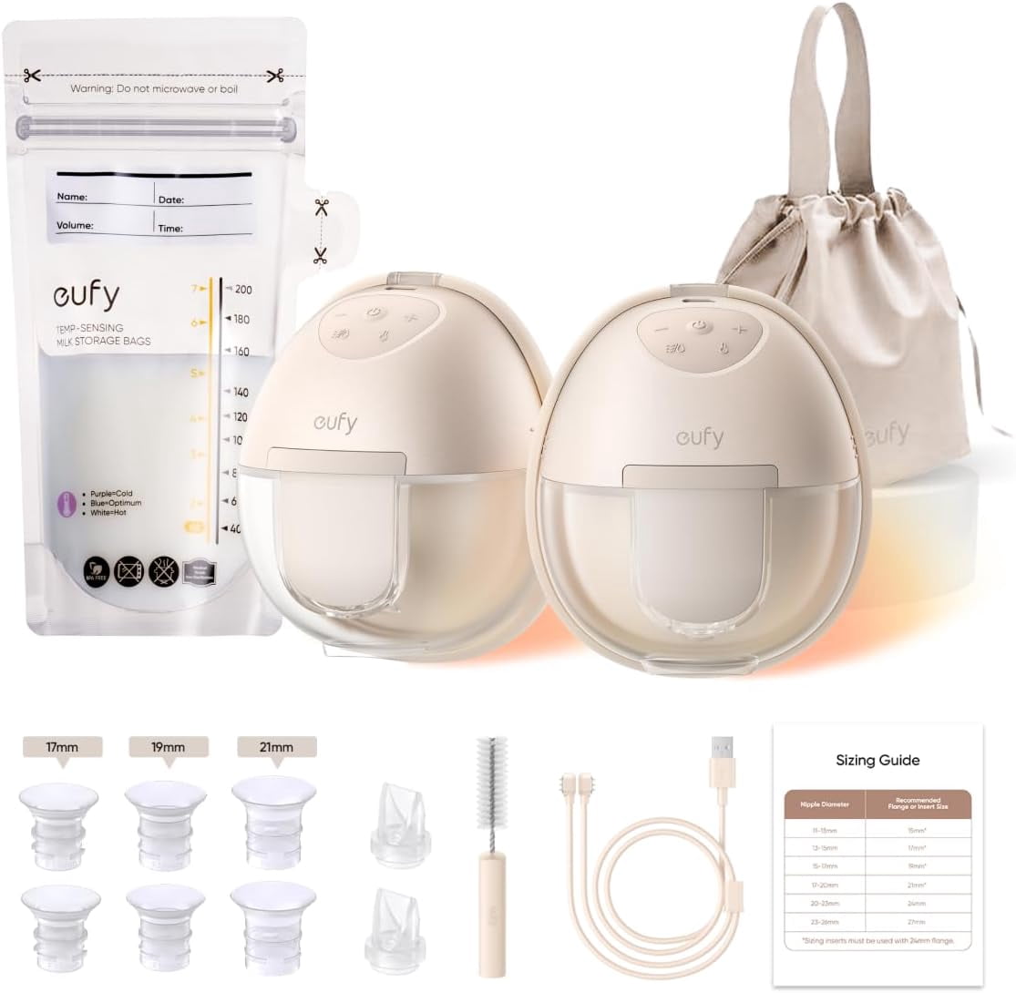 eufy Heated Wearable Breast Pump S1 with Milk Storage Bag, Hands-Free Breast Pump with Industry-Leading HeatFlow™ Tech, App-Controlled OptiRhythm™, Hospital-Grade Suction, Leakproof and Ultra-Quiet
