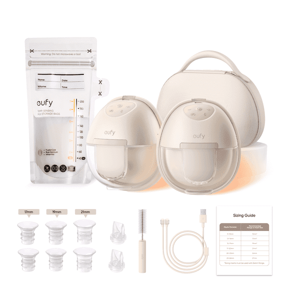 eufy Heated Wearable Breast Pump S1 Pro with Wireless Charging Case and Milk Storage Bag (120 Pieces), Electric Hands-Free with Industry-Leading HeatFlow Tech, in-Bra Use