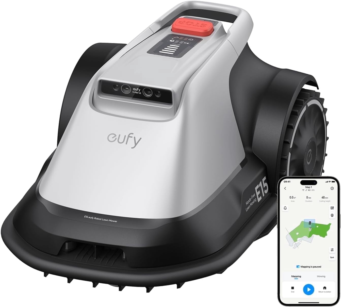 eufy Robot Lawn Mower E15, Auto Mapping,Pure Vision Navigation, Wire Free RTK Free, Multi-Zone Management, AI 3D Obstacle Avoidance, GPS Anti-Theft, 0.2 Acres, 18° Slope, App Control