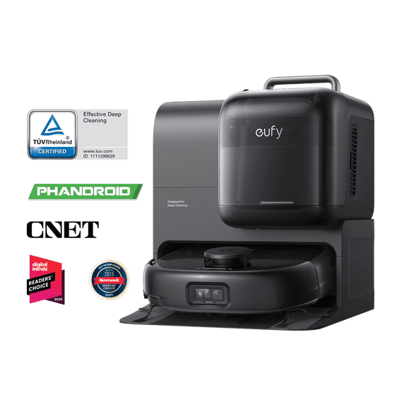 eufy Robot Vacuum Omni E28, HydroJet System , Portable Deep Cleaner, Turbo Suction, DuoSpiral Detangle Brushes, CornerRover Arm