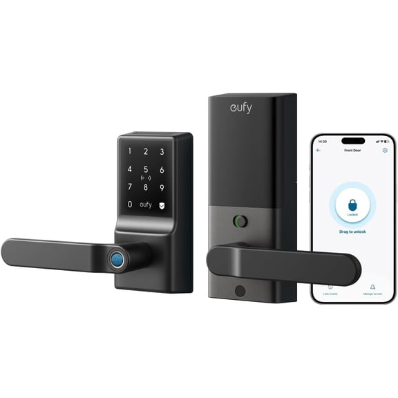 eufy Security Smart Lock C33, Keypad Door Lock with Handle, Fingerprint Door Knob, Keyless Entry Door Lock for Front Door and Bedrooms, Electronic Deadbolt, Wi-Fi, App Control, IP53 Waterproof, Black
