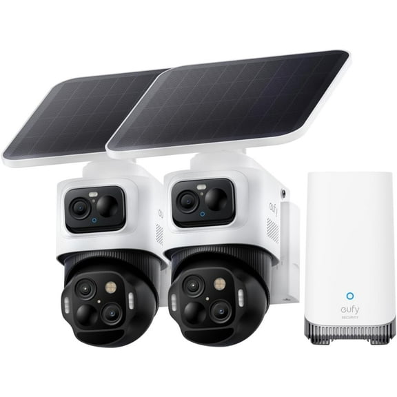 eufy Security eufyCam S4 2-Cam Kit, Solar Security Camera Wireless Outdoor, Triple Lens Bullet-PTZ Cam, 4K UHD, 360 Pan and Tilt, Auto Track, 8 Hybrid Zoom, Color Night Vision, Expandable Storage