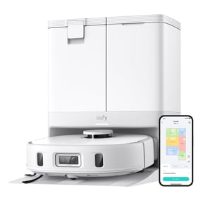 eufy X10 Pro Omni Robot Vacuum and Mop with 8,000 Pa Suction, Dual Mops with 12 mm Auto-Lift and Carpet Detection, AI Obstacle Avoidance, Auto Mop Washing, Auto Drying, Self-Emptying, White