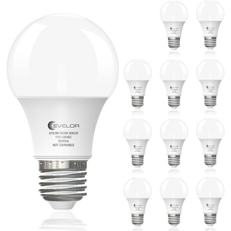 evelor A19 LED Light Bulbs,60 Watt Equivalent Daylight 5000K with E26 Base,Efficient 9W,800 Lumens Non-Dimmable Bulbs,15000 Hours, Ideal for Bedroom Living Room, 12-Packs