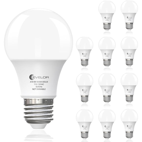 evelor A19 LED Light Bulbs,60 Watt Equivalent Daylight 5000K with E26 Base,Efficient 9W,800 Lumens Non-Dimmable Bulbs,15000 Hours, Ideal for Bedroom Living Room, 12-Packs
