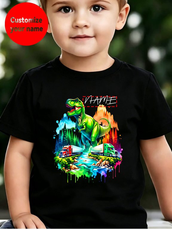 everyday customized t shirt name dinosaur and trucks in colorful landscape print summer for kids gift trendy item