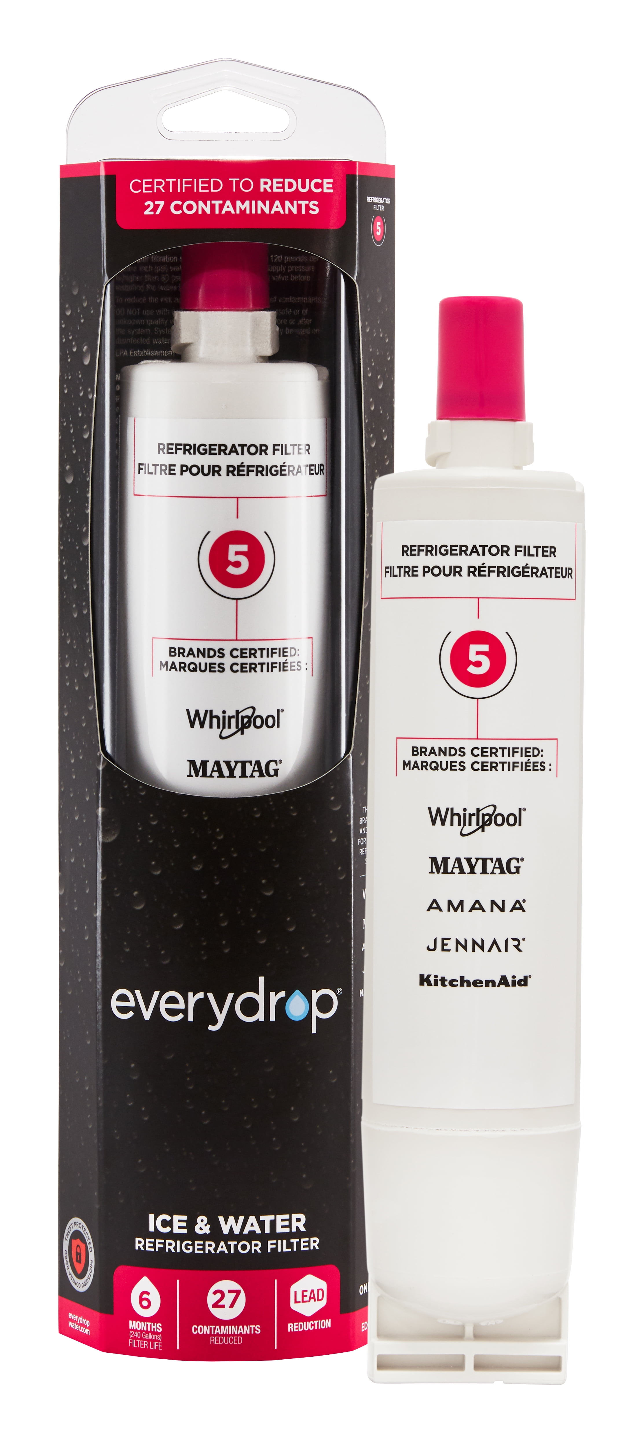 everydrop by Whirlpool Ice and Water Refrigerator Filter 5, EDR5RXD1, Single-Pack, Pink