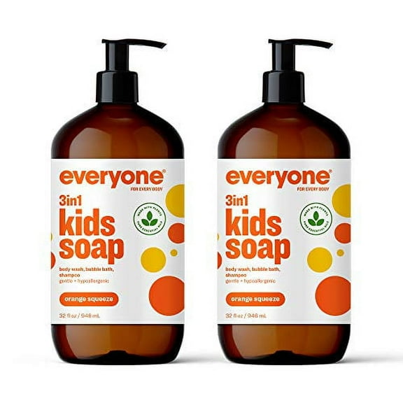 everyone for every body 3-in-1 Kids Soap, Body Wash, Bubble Bath, Shampoo, 32 Ounce (Pack of 2), Orange Squeeze, Coconut Cleanser with Plant Extracts and Pure Essential Oils