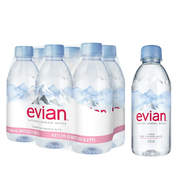 evian Natural Spring Water Bottles, Naturally Filtered Spring Water, 330 ML (11.15 fl oz) bottles,6 Count
