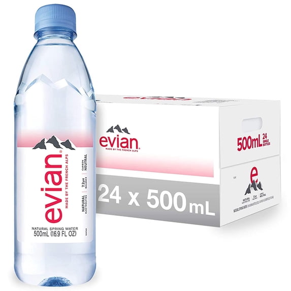 evian Natural Spring Water, One Case of 24 Individual 500 ml 16.9 oz. Bottles of Naturally Filtered Spring Water .2 Cases of 12