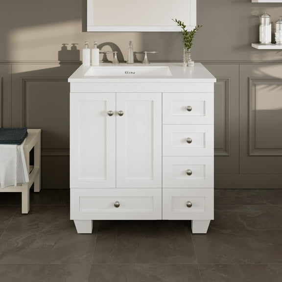 eviva  Acclaim 30"W x 22"D Bathroom Vanity with Carrara Quartz Countertop and Undermount Porcelain Sink