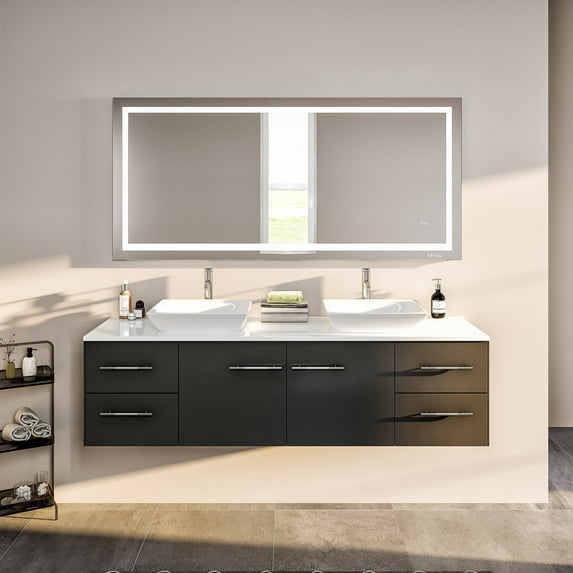 eviva Totti Wave 60" Espresso Modern Double Sink Bathroom Vanity w/ White Glassos Top & Sinks